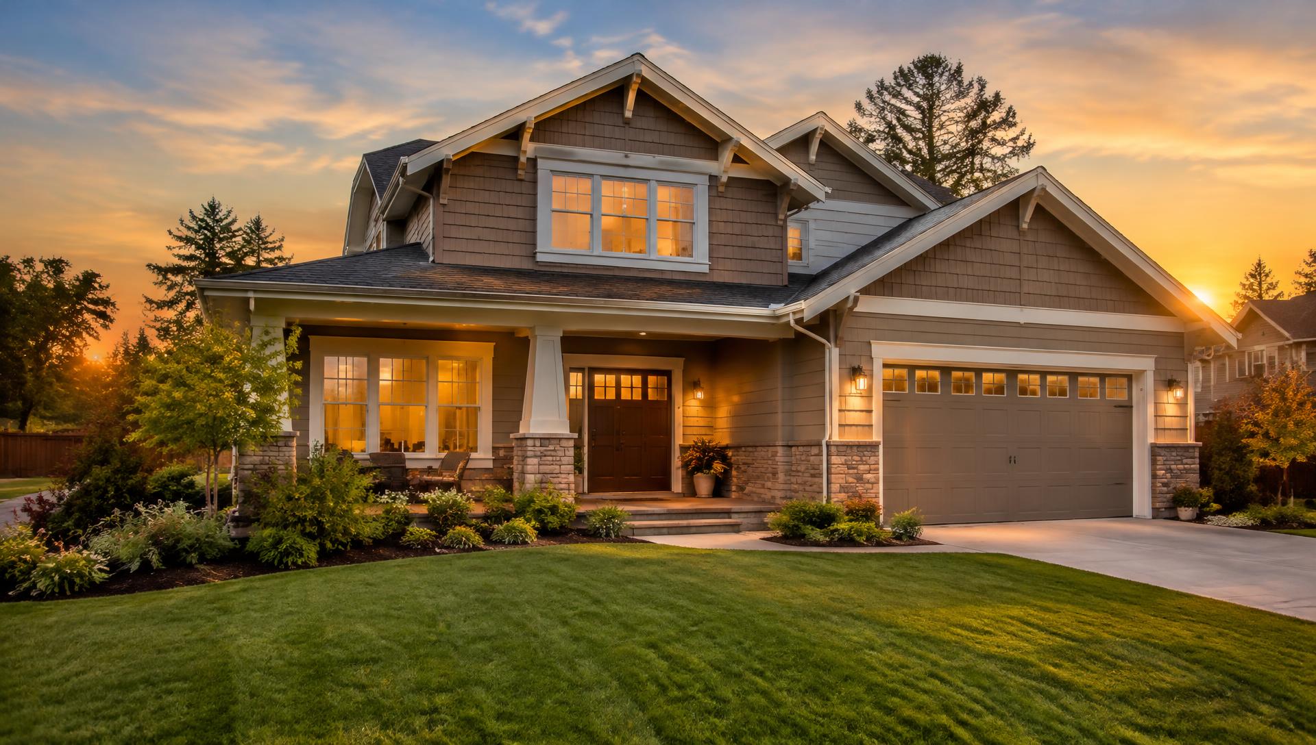 Craftsman-style family home exterior at sunset