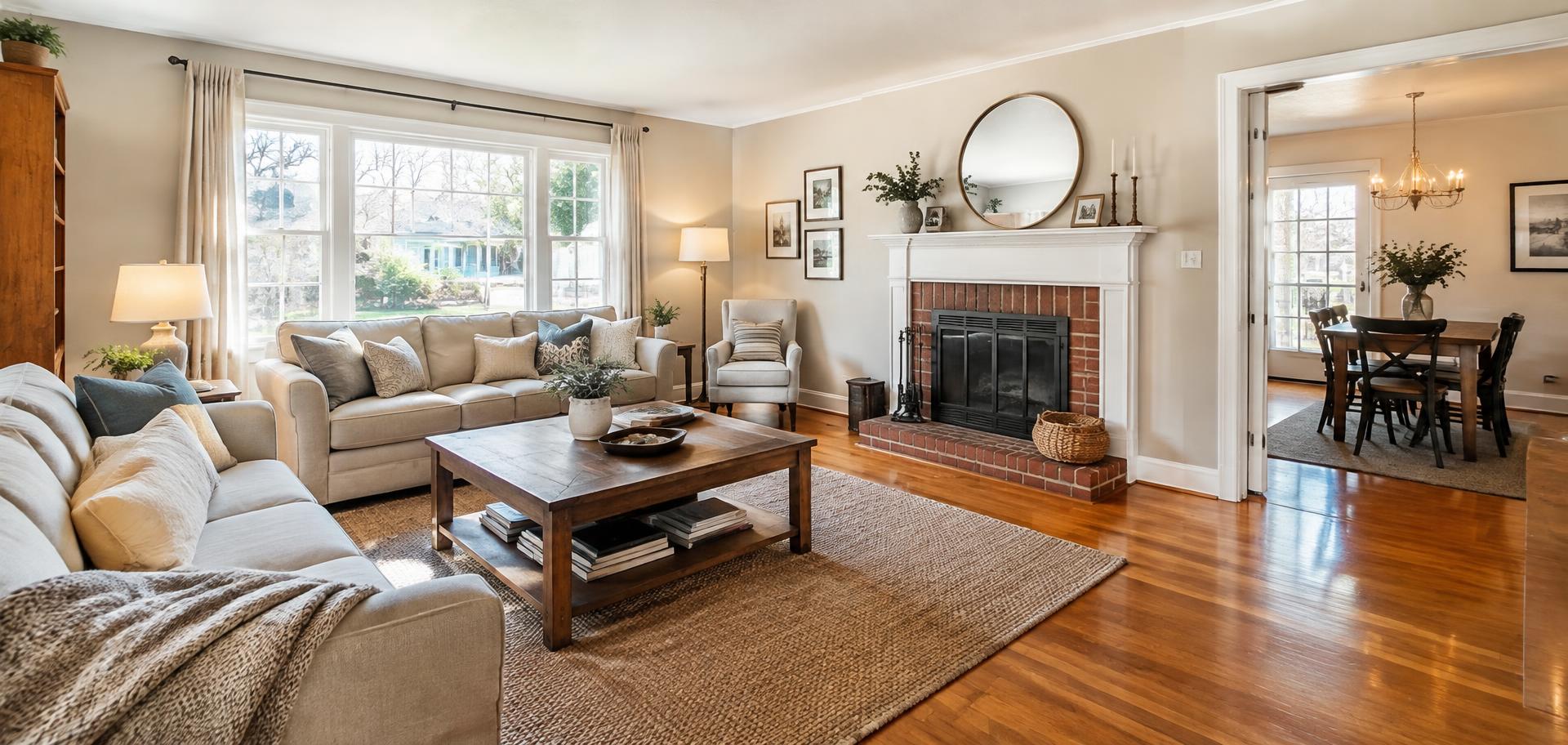 Sunlit living room with fireplace and hardwood floors